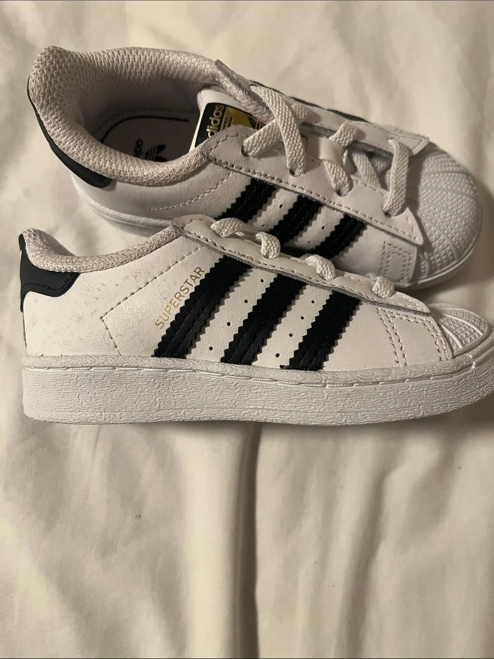 adidas Superstar Kids White & Black Shell Toe Sneakers with Gold Tongue Tab